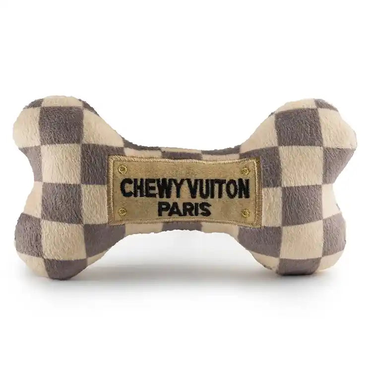 Checker Chewy Vuiton Squeaky Dog Bone Toy