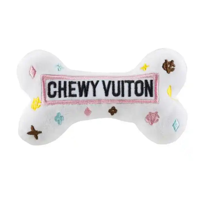 White Chewy Vuiton Squeaky Dog Bone Toy