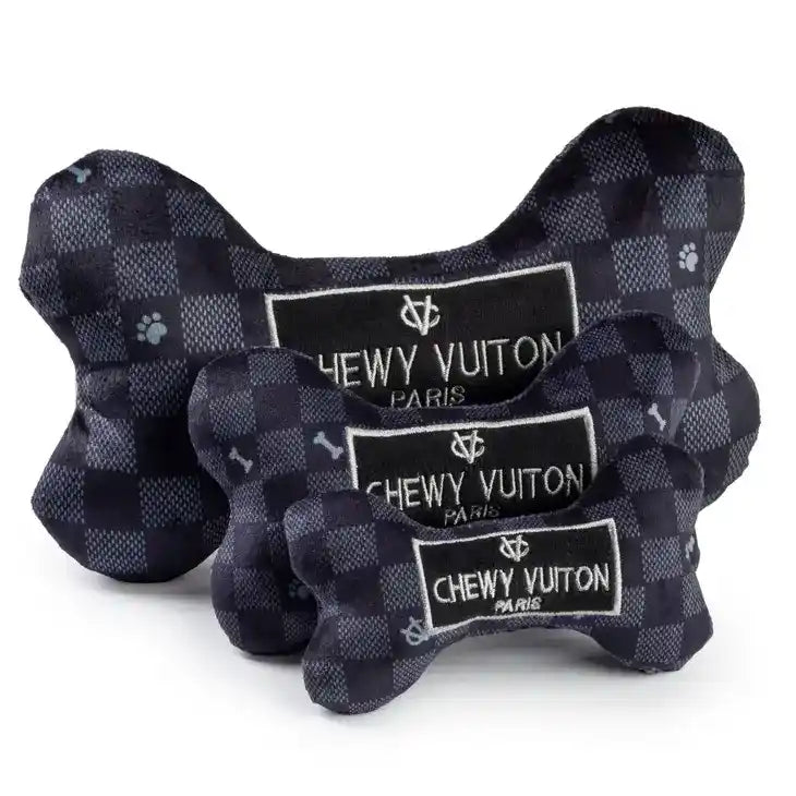 Checker Chewy Vuiton Squeaky Dog Bone Toy