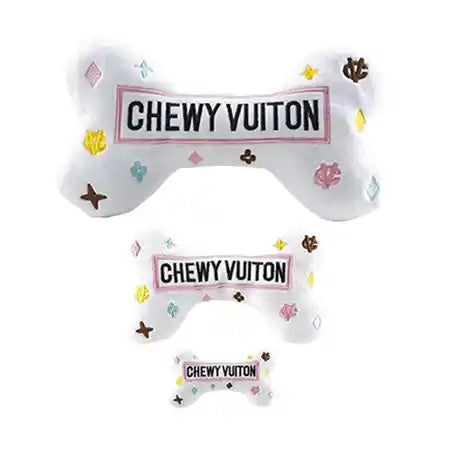 White Chewy Vuiton Squeaky Dog Bone Toy
